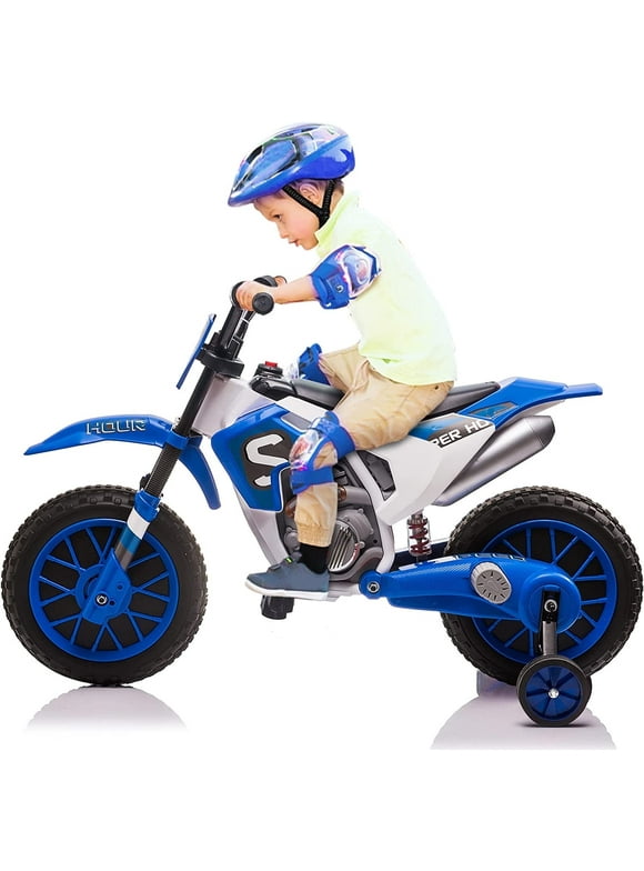 TOBBI 12V Kids Ride on Motorcycle Battery Powered Motorbike Off-Road Motocross w/Training Wheels, 2 Speeds, Blue
