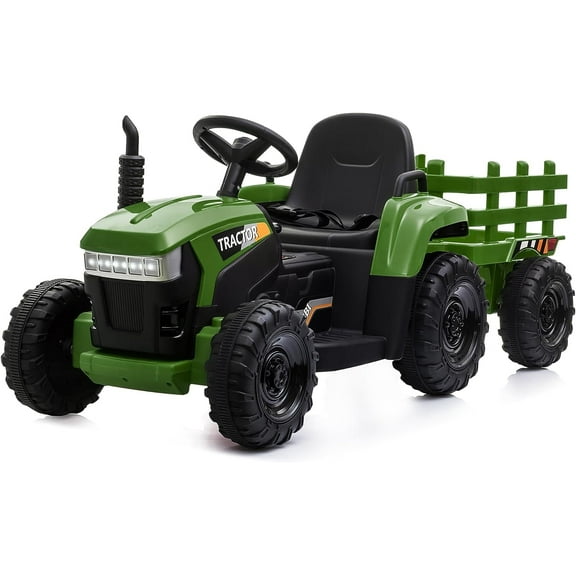 TOBBI 12V Kids Ride on Tractor with Trailer LED Lights USB Bluetooth Age 3-6 Child, Dark Green
