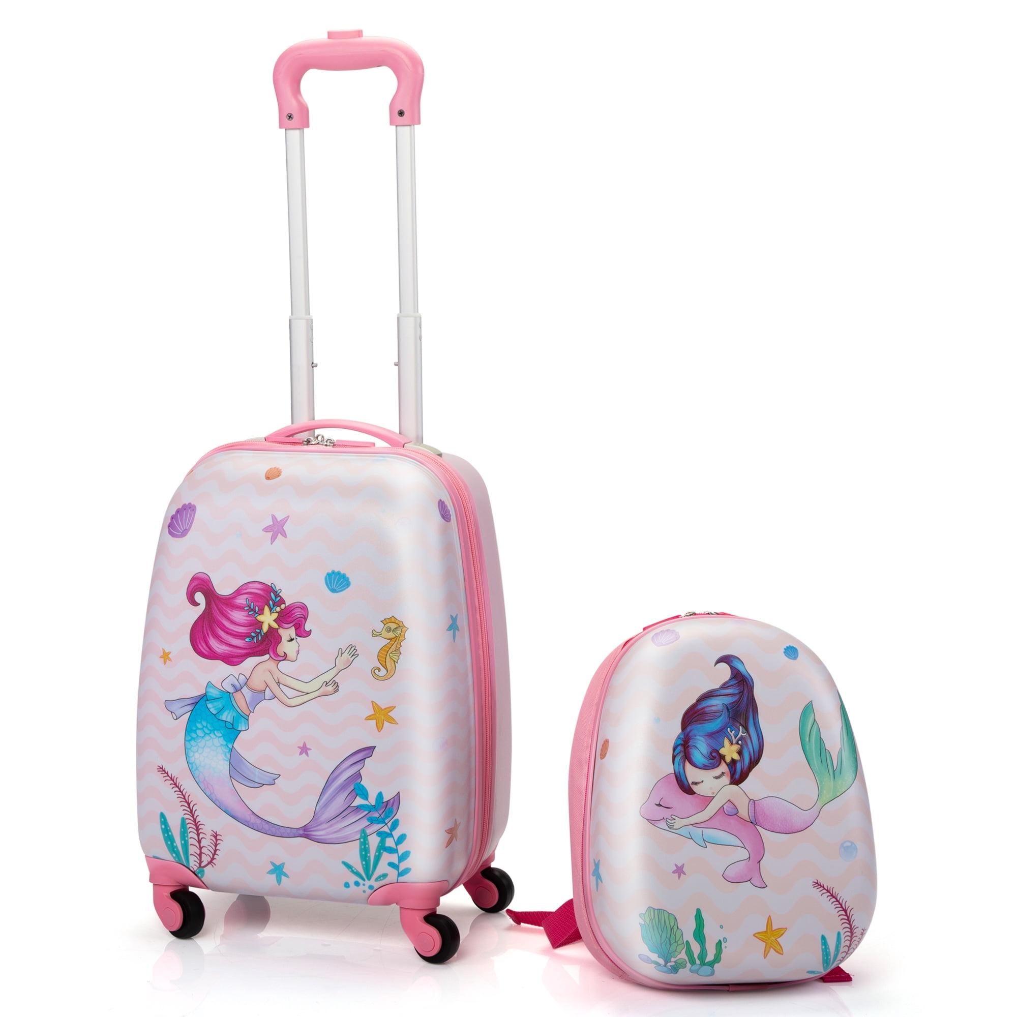 Jaxpety Kid Luggage w/Wheels for Girls, Toddler Rolling 16in Suitcase w/12in Backpack, Girl Travel Carry-On, Mermaid
