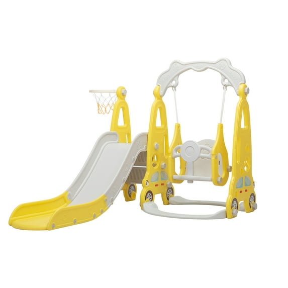 TOBBI 4 in 1 Toddler Climber and Swing Set, Play Climber Freestanding Slides Playset for Kids, Indoor Outdoor Playground Toy with Basketball Hoop & Ball Yellow