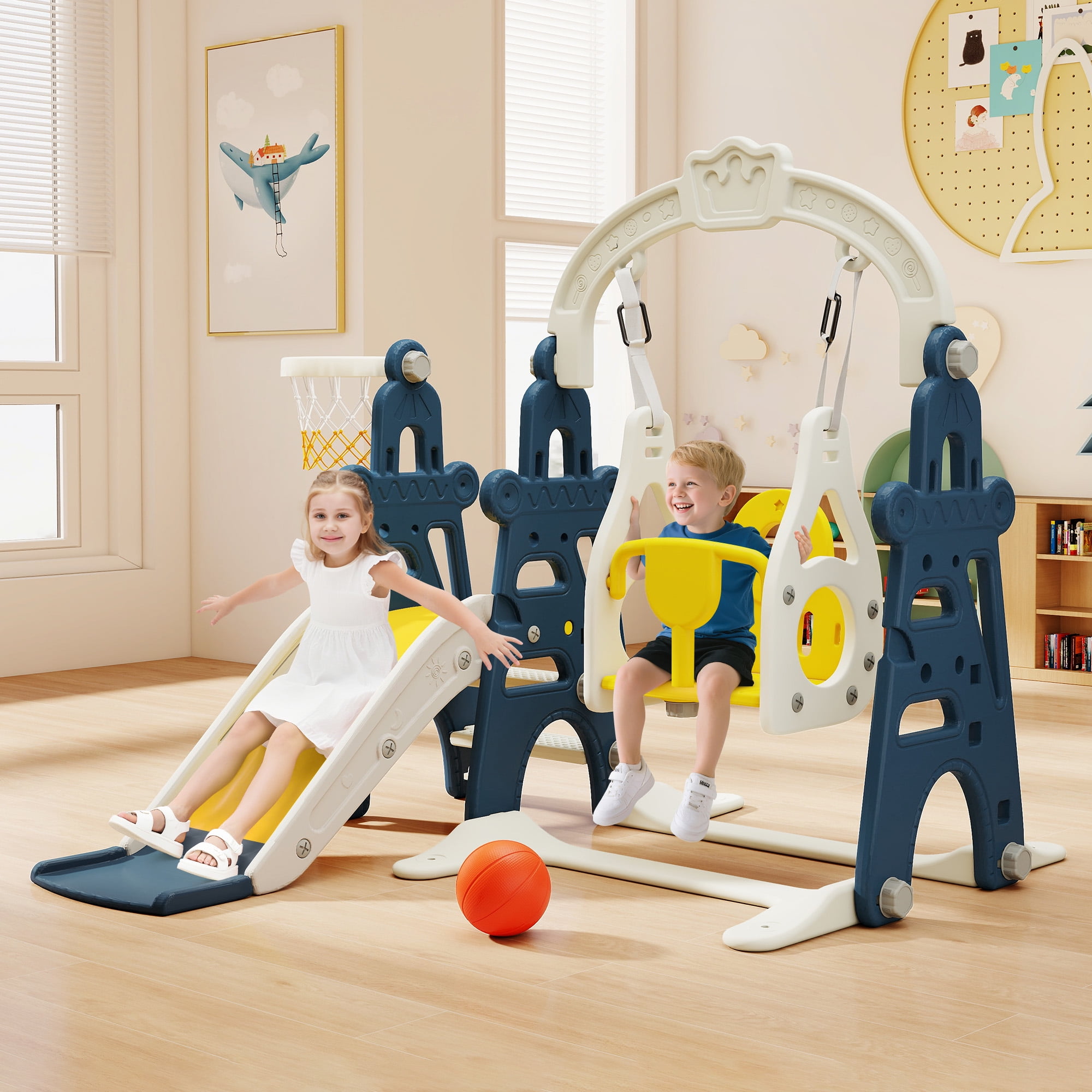 TOBBI 4 in 1 Slide and Swing Set for Toddlers, Indoor Slide Climber Toy, Swing Style,Blue,1+
