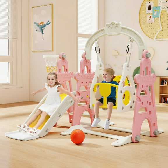 TOBBI 4 in 1 Slide and Swing Set for Toddlers, Indoor Slide Climber Toy, Swing Style,Pink,1+