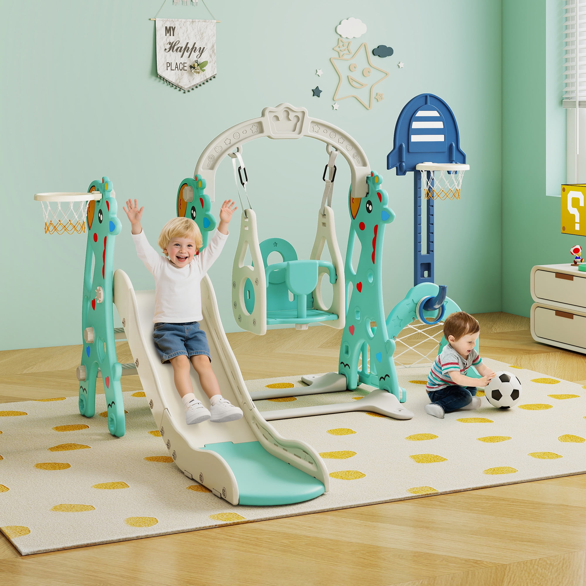 TOBBI 6 in 1 Toddler Slide Climber and Swing Playset with Basketball Hoop,Freestanding Indoor Outdoor Backyard Slide for Kids age 1-8