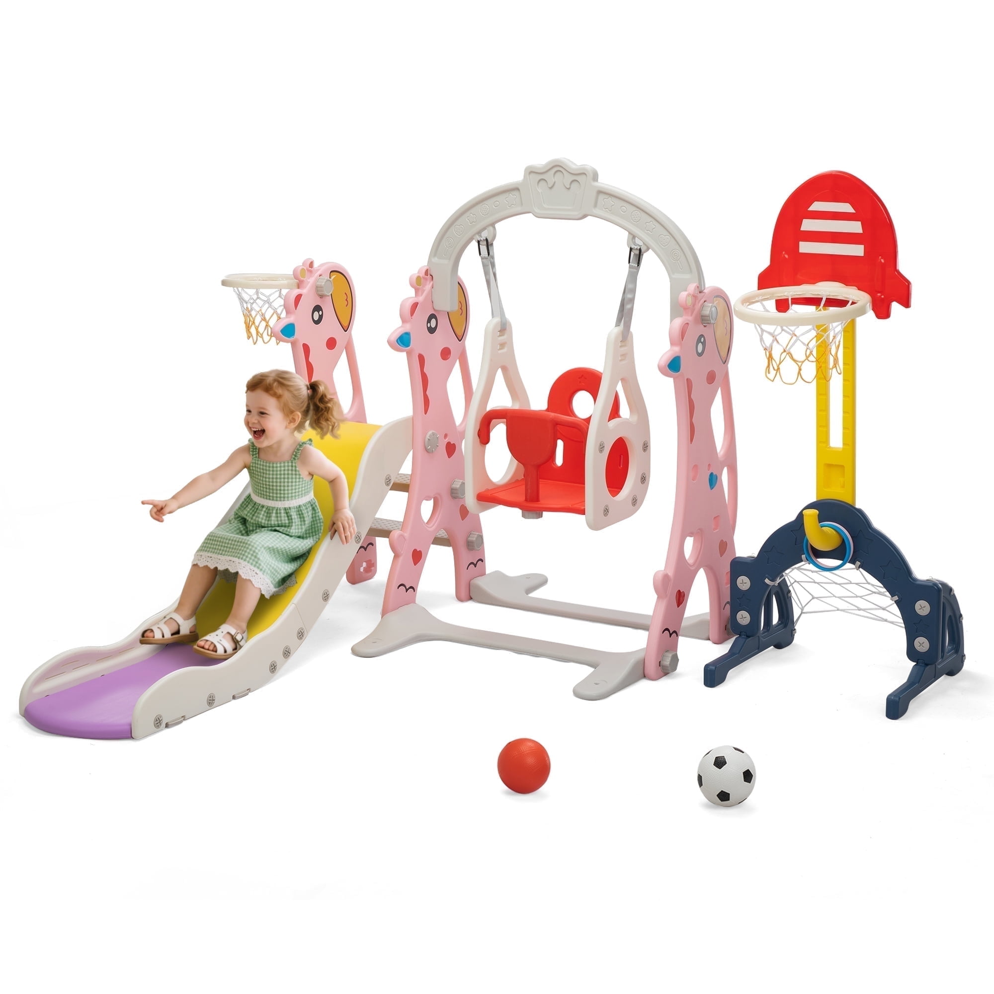 TOBBI 6 in 1 Toddler Slider Kid Climber and ABS Swing Set W/ Basketball and Football Stand