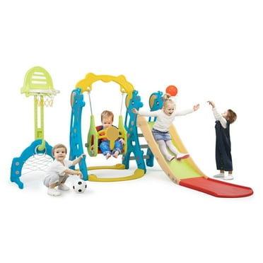 TOBBI 6 in 1 Toddler Slider Kid Climber and ABS Swing Set W/ Basketball and Football Stand