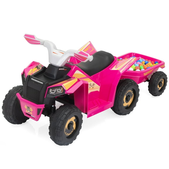 TOBBI Kids ATV, 6V 4 Wheeler Electric Quad Car Ride on Toys with Trailer, Bluetooth, Music, Horn, Rose Red