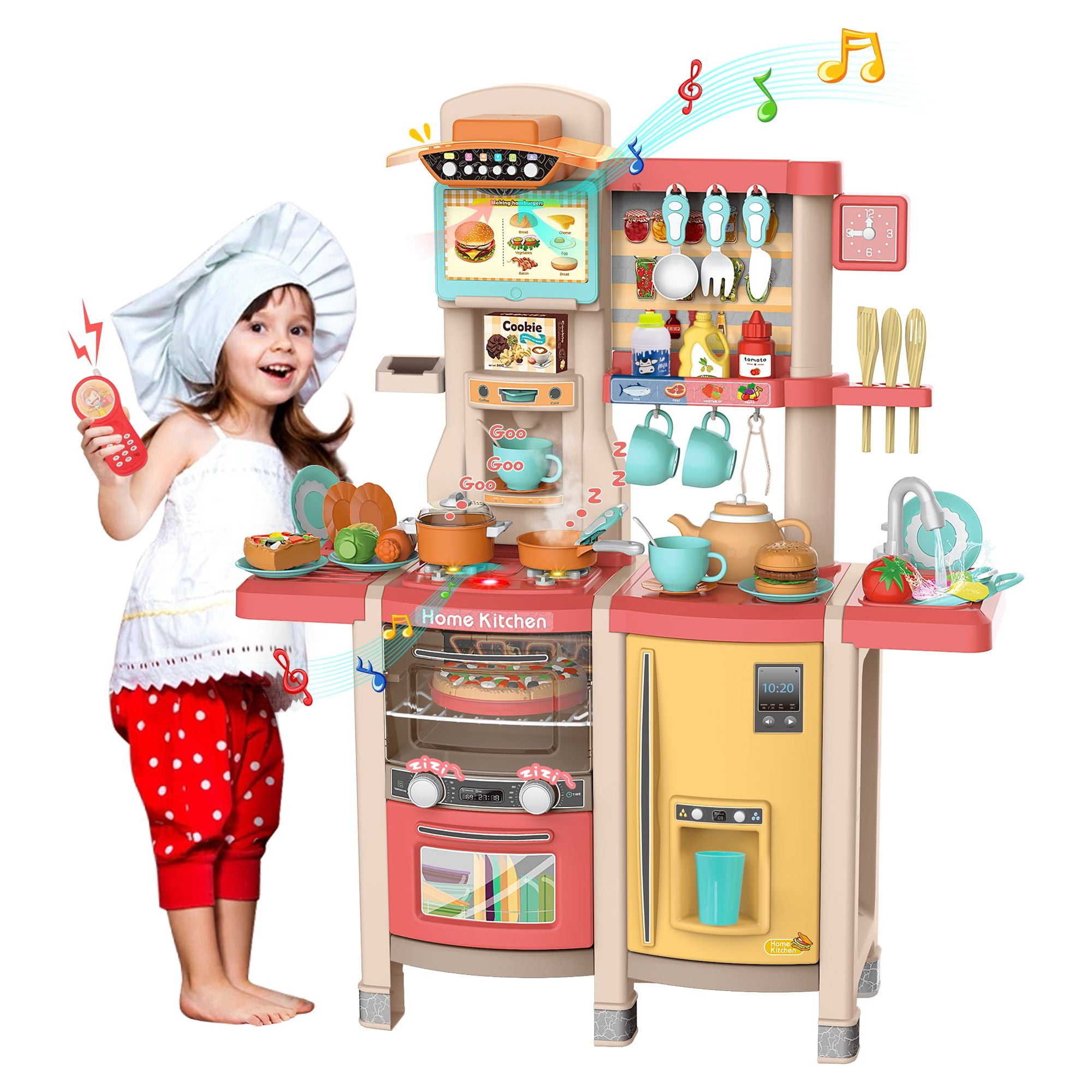 TOBBI Kids Kitchen Play Set with Lights, Sounds, Sink & Water Spray, 65  Piece Kitchen Accessories Pretend Playset for Boys & Girls, Toy Cookware  with