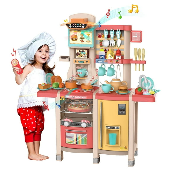 TOBBI Kids Kitchen Play Set with Lights, Sounds, Sink & Water Spray, 65 Piece Kitchen Accessories Pretend Playset for Boys & Girls Red