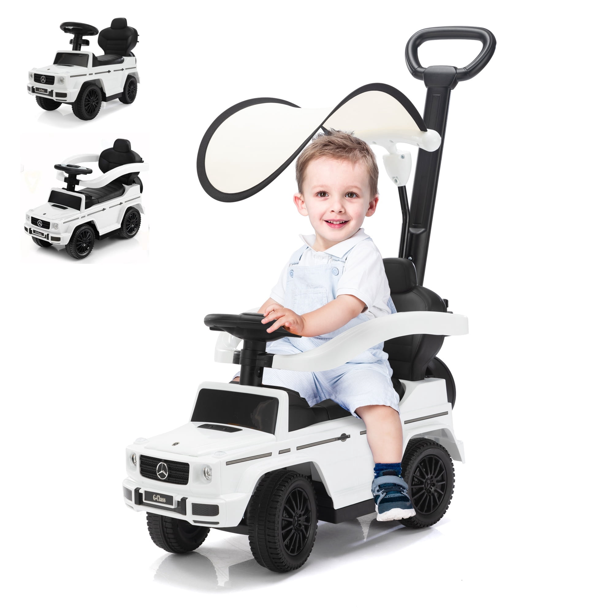TOBBI Push Car for Toddlers, 3 in 1 Mercedes Benz Stroller Sliding Walking Car w/Canopy, Handle, Armrest Guardrail, Underneath Storage, Horn Sound, Foot-to-Floor Ride On Toy for Boys Girls (White)