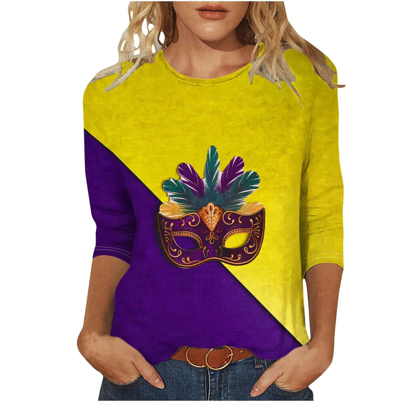 TOBCHONP Mardi Gras Shirts for Women Mask Graphic 3/4 Sleeve Round Neck