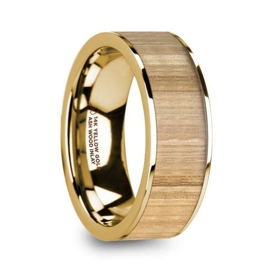 TOBIAS Polished 14k Yellow Gold Men’s Flat Wedding Band with Ash Wood Inlay - 8mm - Size 12.5