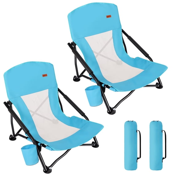 TOBTOS 2 Pack Low Beach Chairs for Adults, Folding Low Profile Chairs with Cup Holder & Carry Bag, Heavy Duty Outdoor Chair for Sand, Camping & Concerts