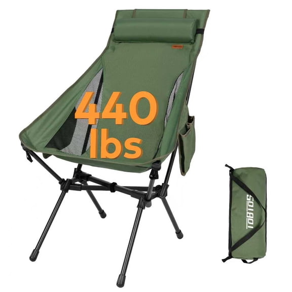 TOBTOS 440lbs High Back Camping Chair with Pillow, Oversized Heavy Duty Camp Chair for Camping, Hiking, Backpacking (Green)