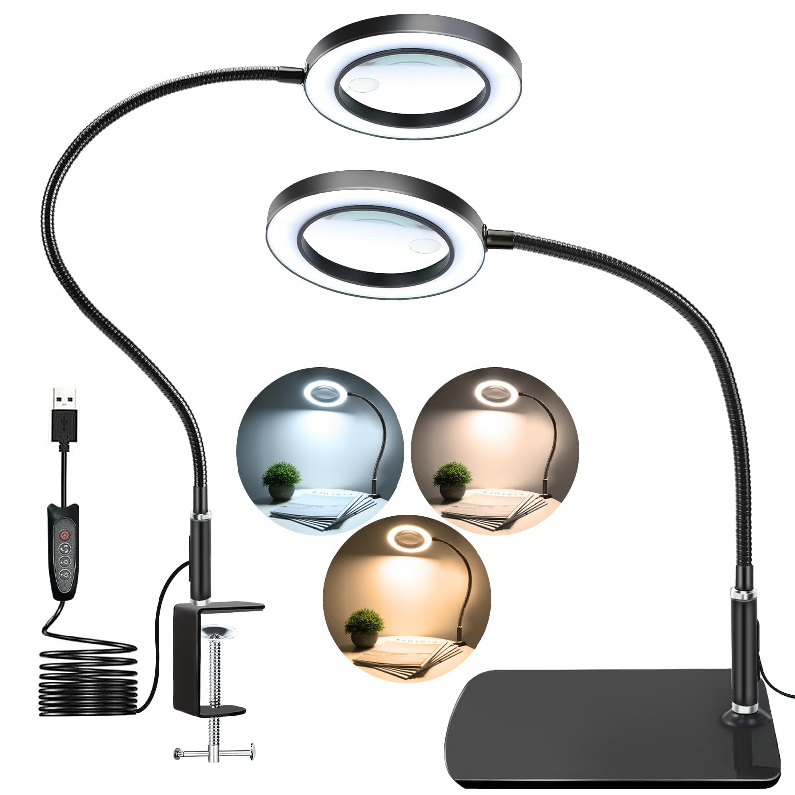 TOCBIU Upgraded 20X 10X Magnifying Glass with Light and Stand 2-in-1 Real Glass Magnifying Lamp with Stand 3 Color Modes 10 Stepless Dimmable Desk Magnifier for Close Work, Jewelry, Reading, Hobby