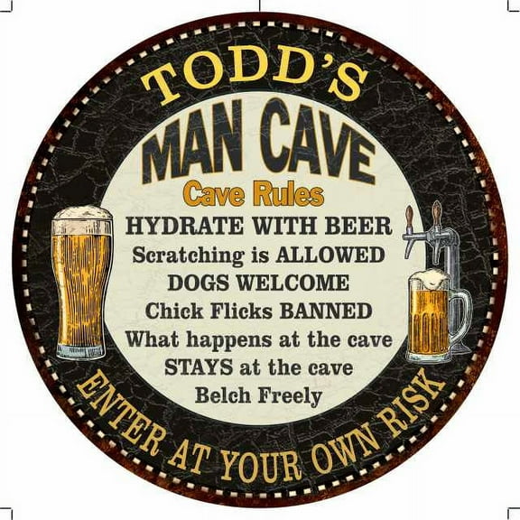 TODD'S Man Cave Rules 12" Round Metal Sign Garage Bar Decor 200120010114