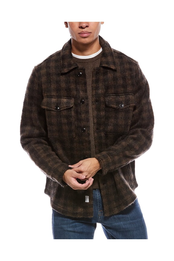 mens Brown Multi Mohair & Wool-Blend Buffalo Check Shirt Jacket, l,