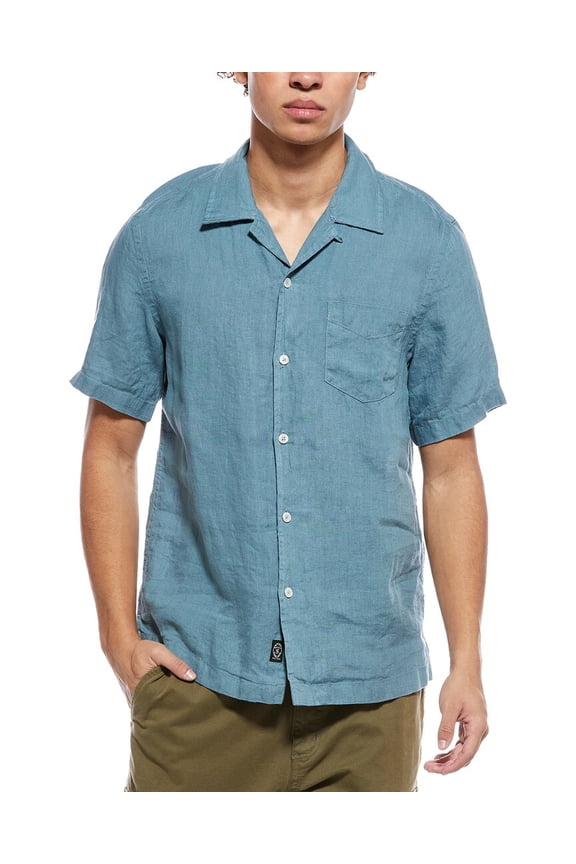 mens Linen Camp Collar Shirt, m, Blue