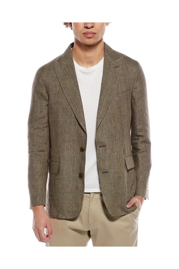 mens Plaid Linen Sutton Jacket, 40R, Brown