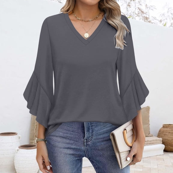 TODOZO 3/4 Length Sleeve Womens Tops Ruffle Sleeve Casual Flowy Tunic Tops Womens Summer Tops Blouses for Women Casual 3/4 Length Sleeve Womens Tops V Neck Tshirts Shirts with Flared Sleeve Grey M