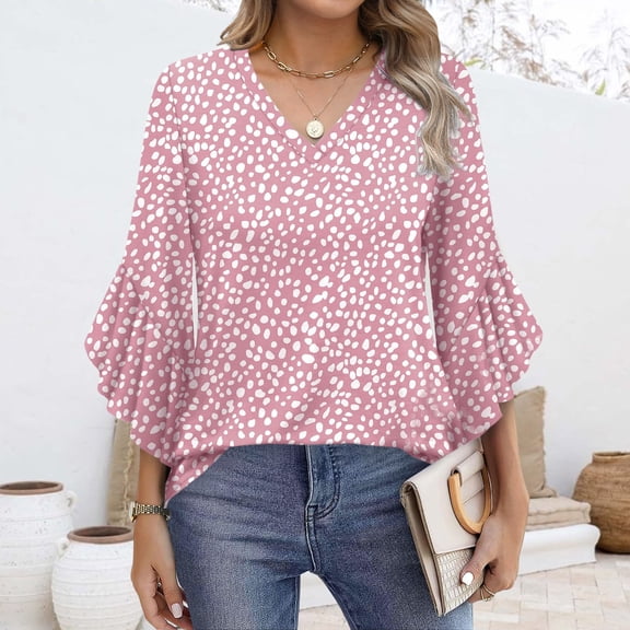 TODOZO 3/4 Length Sleeve Womens Tops Ruffle Sleeve Casual Flowy Tunic Tops Womens Summer Tops Blouses for Women Casual 3/4 Length Sleeve Womens Tops V Neck Tshirts Shirts with Flared Sleeve Pink L