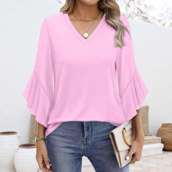 TODOZO 3/4 Length Sleeve Womens Tops Ruffle Sleeve Casual Flowy Tunic Tops Womens Summer Tops Blouses for Women Casual 3/4 Length Sleeve Womens Tops V Neck Tshirts Shirts with Flared Sleeve Pink M