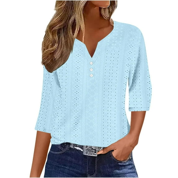 TODOZO 3/4 Sleeve T Shirts for Women Tunic Tops Loose Fit Shirts Solid Basic Tops Summer Tops for Women 2025 Trendy 3/4 Sleeve V Neck Eyelet Shirts Casual Holiday Vacation Tunic Blouses