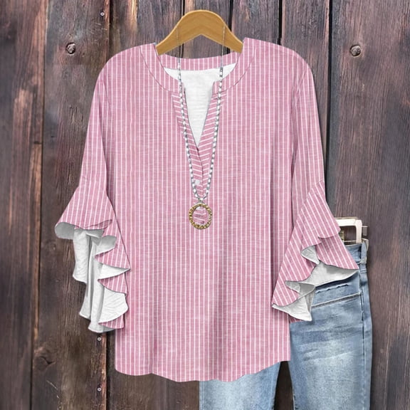 TODOZO 3/4 Sleeve T Shirts for Women Tunic Tops Loose Fit Shirts Solid Basic Tops Womens Tops 3/4 Length Sleeves Floral Shirts Flowy Ruffle Sleeve Tops Half Button Down Shirt Summer V Neck Blouse