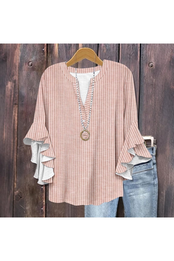 3/4 Sleeve T Shirts for Women Tunic Tops Loose Fit Shirts Solid Basic Tops Womens Tops 3/4 Length Sleeves Floral Shirts Flowy Ruffle Sleeve Tops Half Button Down Shirt Summer V Neck Blouse