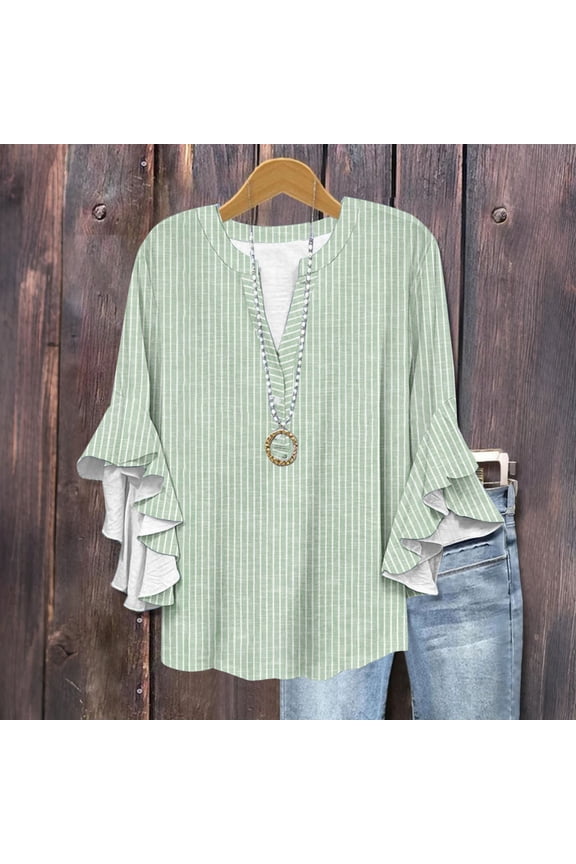 3/4 Sleeve T Shirts for Women Tunic Tops Loose Fit Shirts Solid Basic Tops Womens Tops 3/4 Length Sleeves Floral Shirts Flowy Ruffle Sleeve Tops Half Button Down Shirt Summer V Neck Blouse