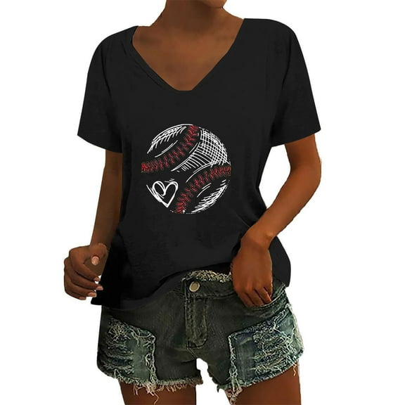 TODOZO Baseball Shirt Women Baseball Heart Tee Shirts Baseball Mom Tshirt Game Day Casual V Neck Short Sleeve Tops Women's Baseball Festival Solid Color Baseball Printed V Neck Short Sleeved Top