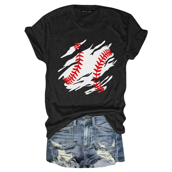 TODOZO Baseball Shirts Women Baseball Mom Tshirt Baseball Heart Graphic Tee Game Day Gifts Funny Short Sleeve Tops Women's Spring/Summer Baseball Print Loose T Shirt Short Sleeve Top Black L
