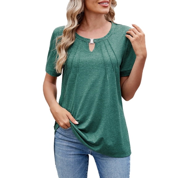 TODOZO Basic Tops for Women Pack 2025 Womens Tops Shirts for Women Trendy Casual Tshirts Shirts for Women Casual Crew Neck Short Sleeve Pleated Tops Tunic Blouses Fashion Clothes 2025 Green L