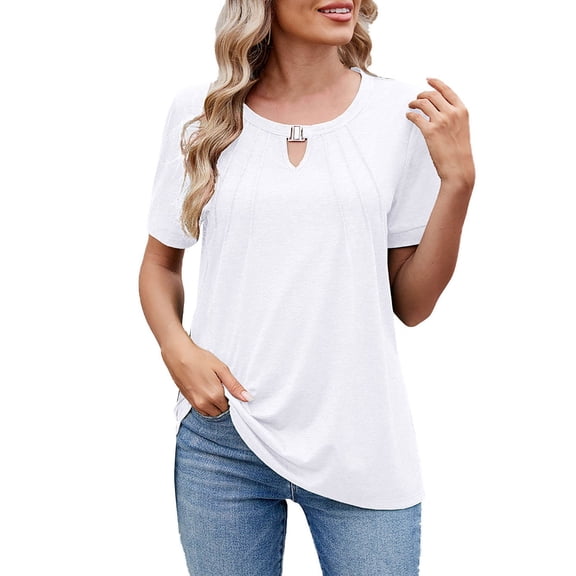 TODOZO Basic Tops for Women Pack 2025 Womens Tops Shirts for Women Trendy Casual Tshirts Shirts for Women Casual Crew Neck Short Sleeve Pleated Tops Tunic Blouses Fashion Clothes 2025 White Xl