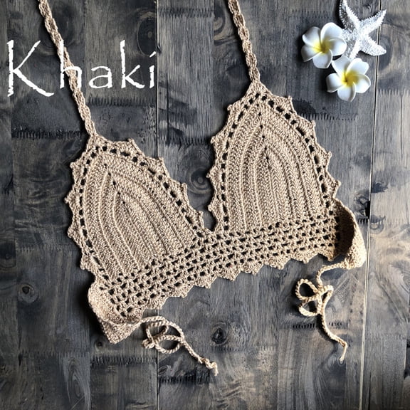 TODOZO Bikini Tops for Women Bikini Top Knitting Swimsuit Padded Beachwear Lace Swimwear Triangle Bikini Top Halter Swim Tops Women Top Only Swimsuit Tops for Women Khaki S