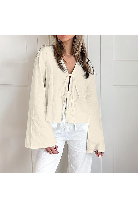 Bow Tie Front Tops for Women Casual Lace Up Bow Shirts Hollow Out V Neck Long Flare Sleeve Blouses Tops Summer Cardigan Women's T Shirt Loose Top with Deep V Shaped Flared Sleeve Strap Top