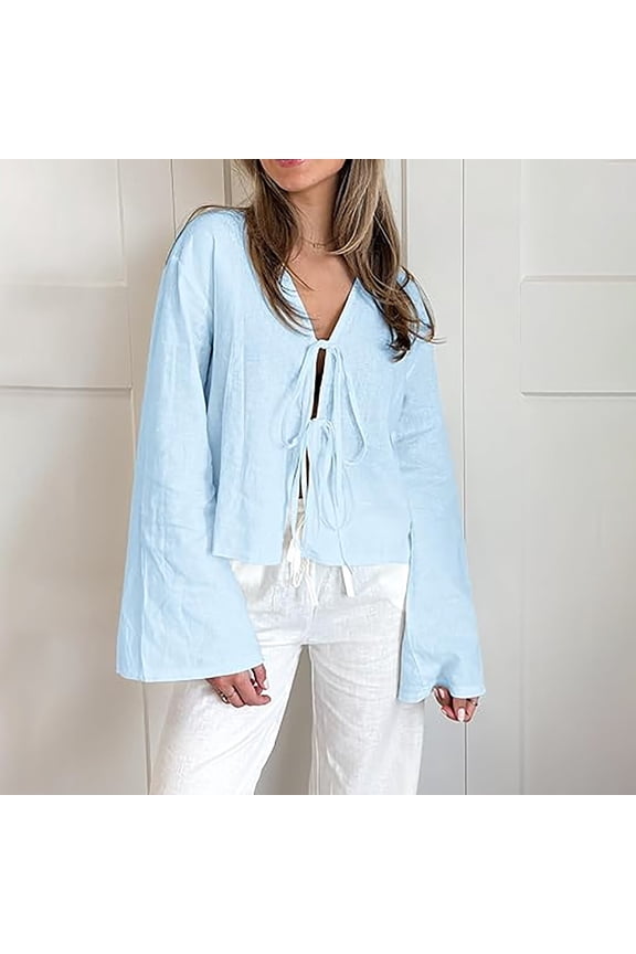 Bow Tie Front Tops for Women Casual Lace Up Bow Shirts Hollow Out V Neck Long Flare Sleeve Blouses Tops Summer Cardigan Women's T Shirt Loose Top with Deep V Shaped Flared Sleeve Strap Top