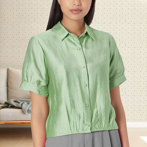 TODOZO Button Down Shirts for Women V Neck Collared Blouses for Women Casual Thin Solid Color Short Sleeved Ice Button Women's Shirt Green Xl