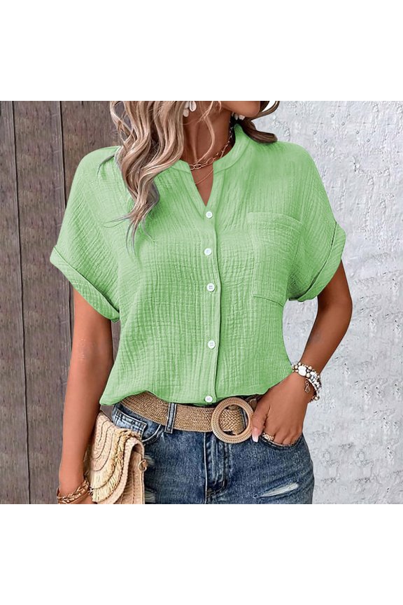 Button Down Shirts for Women Blouses Casual Loose Fit Tunic Womens Blouses Casual Tops Batwing Sleeve Pocket Patched Shirt Casual Work T Shirts Double Layer Wrinkled Fabric