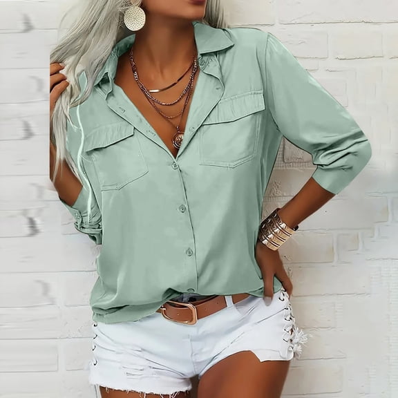 TODOZO Button Down Shirts for Women Long Sleeve Shirts for Women Summer Tops for Women 2025 Women Fashion Solid Casual Button Shirt V Neck Turndown Collar Long Sleeve Shirt Blouse Top A M