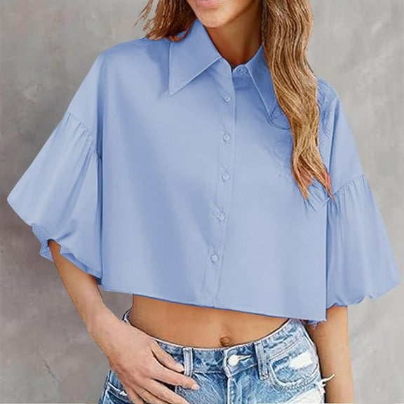 TODOZO Button Down Shirts for Women Puff Sleeve V Neck Collared Summer Blouses for Women 2025 Womens Cute Sleeve Crop Tops Collar Button Down Loose Tees Shirts Blouse Blue M