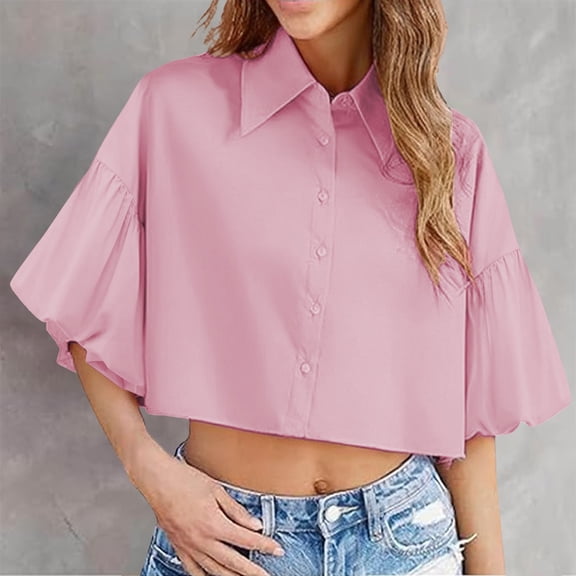 TODOZO Button Down Shirts for Women Puff Sleeve V Neck Collared Summer Blouses for Women 2025 Womens Cute Sleeve Crop Tops Collar Button Down Loose Tees Shirts Blouse Pink M