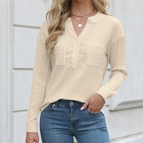 TODOZO Button Down Shirts for Women Tunic Tops Loose Fit Shirts Solid Basic Tops Womens Casual Tops Fashion Button V Neck Blouse with Pocket Long Sleeve T Shirt