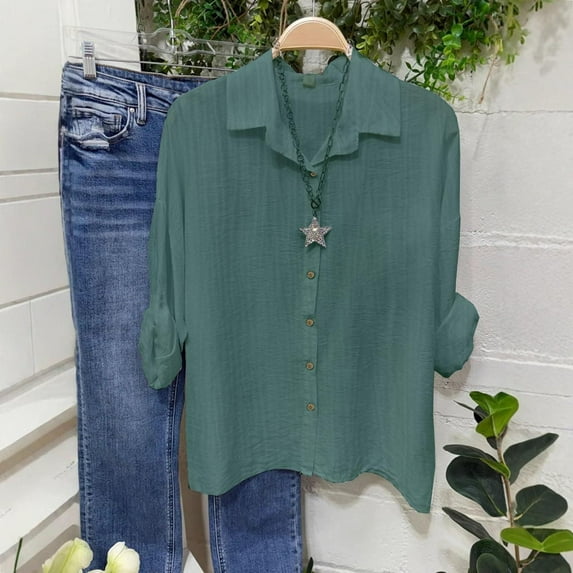 TODOZO Button Down Shirts for Women Tunic Tops Loose Fit Shirts Solid Basic Tops Womens Cotton Linen Shirts Long Sleeve Casual Button Down Summer Blouses Lapel Neck Loose Oversized Blouse