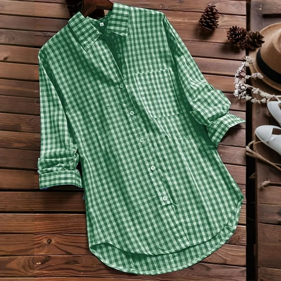 TODOZO Button Down Shirts for Women Tunic Tops Loose Fit Shirts Solid Basic Tops Womens Summer Tops Women's Plaid Lapel Long Sleeve Vintage Shirt Top Green 4Xl