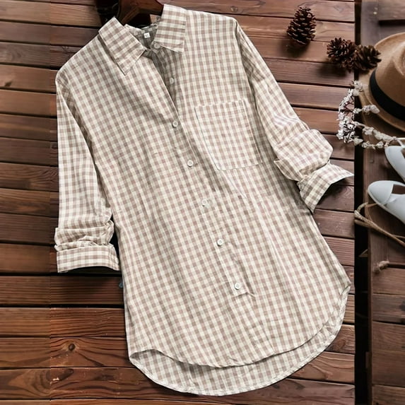 TODOZO Button Down Shirts for Women Tunic Tops Loose Fit Shirts Solid Basic Tops Womens Summer Tops Women's Plaid Lapel Long Sleeve Vintage Shirt Top Khaki M
