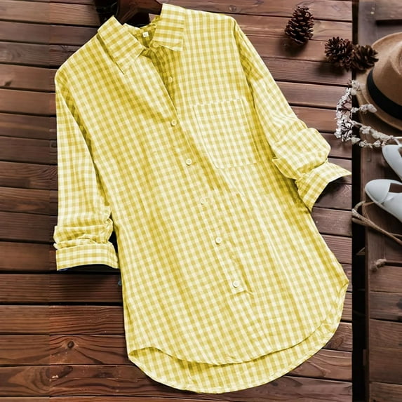 TODOZO Button Down Shirts for Women Tunic Tops Loose Fit Shirts Solid Basic Tops Womens Summer Tops Women's Plaid Lapel Long Sleeve Vintage Shirt Top Yellow Xxl