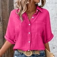 thumbnail image 1 of TODOZO Button Down Shirts for Women V Neck Collared Summer Beach Tops Blouses for Women Casual Women's Fashionable and Casual Solid Color Single Pocket Slit Mid Sleeved Top Shirt Hot Pink M, 1 of 9