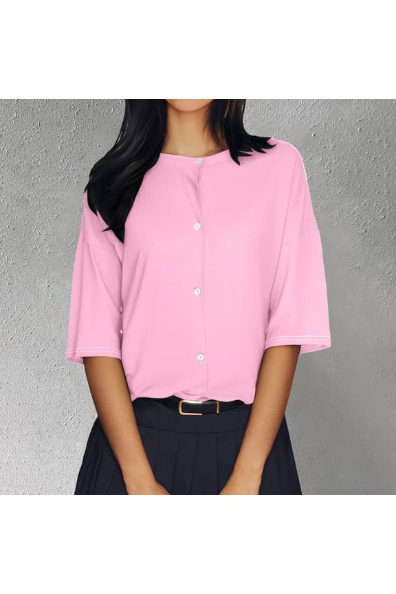 Button Down Shirts for Women Womens Shirts Summer Blouses for Women 2025 Womens Half Sleeve Cardigan Shirt Cropped Button Down Tops Oversized Lightweight Ribbed Knit Top Pink Xxl
