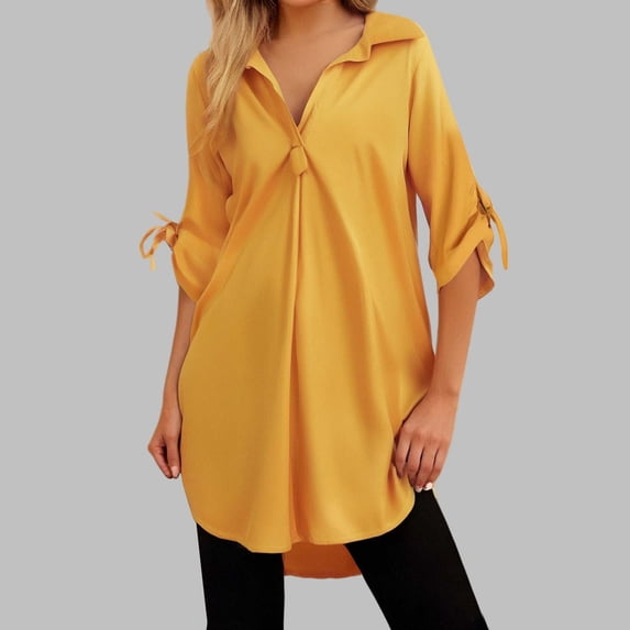 TODOZO Chiffon Tops for Women Flowy Tops for Women Womens Summer Tops Women's Summer Mid Length Short Sleeved Chiffon Shirt Yellow Xl