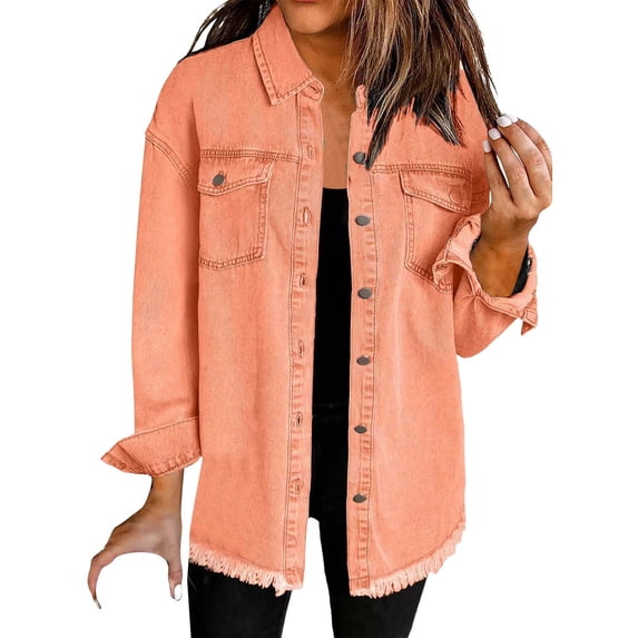 TODOZO Clearance Sale!! Button Down Shirts for Women Casual 2025 New Washed Denim Shirt Jacket Fashion Casual Hem Women's Jacket Orange Xxl